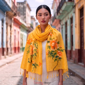 Khăn đũi tơ tằm vẽ tay hoa mẫu đơn cam 85x190cm